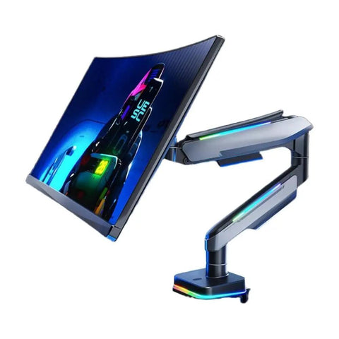 Pro Level T18 Monitor Stand With Rock Solid Articulating Arm And Slick Rgb Lighting, showing adjustable RGB-lit arm and monitor.