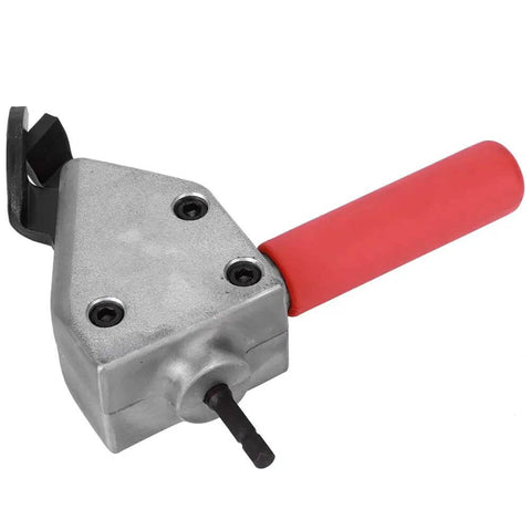 Heavy Duty Metal Sheet Cutter For Electric Drill With Universal 7mm Hex Shank, red handle, shown close-up with cutter head