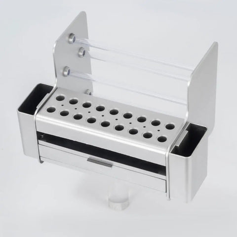 Slick Desktop Tool Organizer With Easy Slide Drawer And Tough Poly Build For Locking In Screwdrivers And Keeping Your Workbench Hella Tidy With Zero Mess Or Extra Fuss For Garage Home Office Or Auto Shop Setup, showing silver poly blend body.