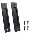 Two Piece 7 Inch Flush Pull Recessed Barn Door Handle In Sleek Matte Black Aluminum Alloy with screws for easy installation.