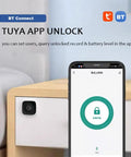 Smart Biometric Cabinet Lock With Fingerprint Access And Bluetooth App Control shown on a drawer with smartphone app interface.