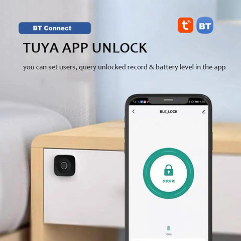 Smart Biometric Cabinet Lock With Fingerprint Access And Bluetooth App Control shown on a drawer with smartphone app interface.