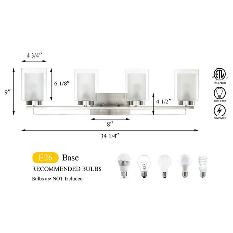 Lit 4 Light Vanity Light With Dual Glass Shades In Brushed Nickel Hardwired Wall Mount Indoor Modern Bath And Kitchen Fixture Dimensions