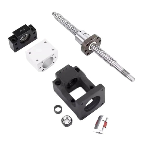 Built Tough SFU2005 Ball Screw Nut With Smooth Spindle And Motor Kit For CNC Engraving Gear parts on white background.