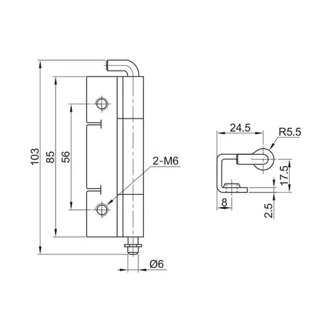 Technical drawing of Heavy Duty Electrical Cabinet Hinge For Industrial Welded Doors And Panels Pro Grade One Piece Metal Cabinet Hardware