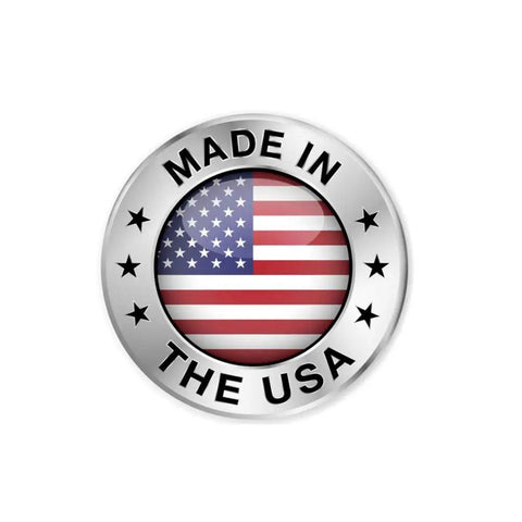 Circular emblem with American flag and text 'Made in the USA', symbolizing domestic manufacturing quality.