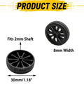 40 Piece Plastic Toy Wheels With Metal Axle Shafts For RC Cars Trucks Drones Robots Helicopters And DIY Model Building Projects 30mm Wheel Diameter With 2mm Shaft Hole 100mm Axles showing wheel size and design