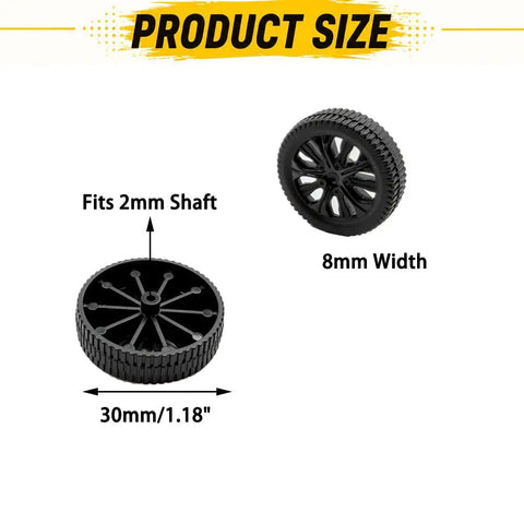 40 Piece Plastic Toy Wheels With Metal Axle Shafts For RC Cars Trucks Drones Robots Helicopters And DIY Model Building Projects 30mm Wheel Diameter With 2mm Shaft Hole 100mm Axles showing wheel size and design
