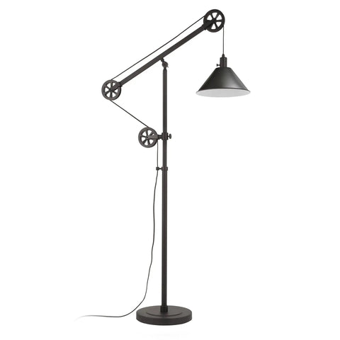 Tall Pulley System Floor Lamp With Metal Shade In Blackened Bronze Finish Adjustable Arc Lighting