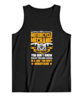 Top Tier Motorcycle Mechanic Tank Top For Men, black cotton sleeveless shirt with bold graphic print.