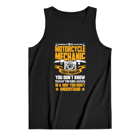 Top Tier Motorcycle Mechanic Tank Top For Men, black cotton sleeveless shirt with bold graphic print.