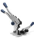 Heavy Duty 3 In 1 Manual Strapping Machine Tool for Tightening, Locking And Cutting Steel Plastic Bands, metal design with blue grips.