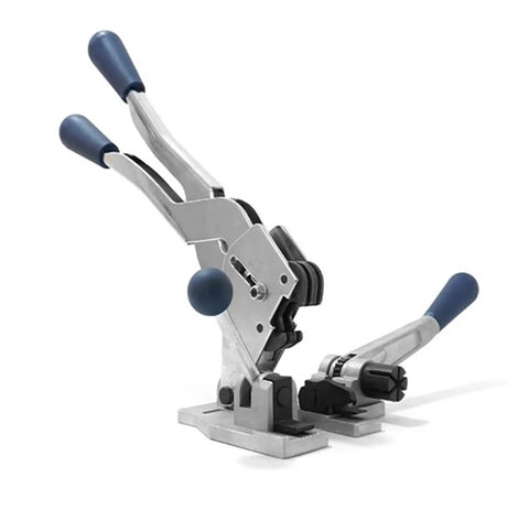 Heavy Duty 3 In 1 Manual Strapping Machine Tool for Tightening, Locking And Cutting Steel Plastic Bands, metal design with blue grips.