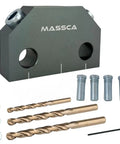 Pro Level Dowel Jig Kit Featuring Three Precision Drill Guide Bushings And Matching Bits, with jig body and drill bits.