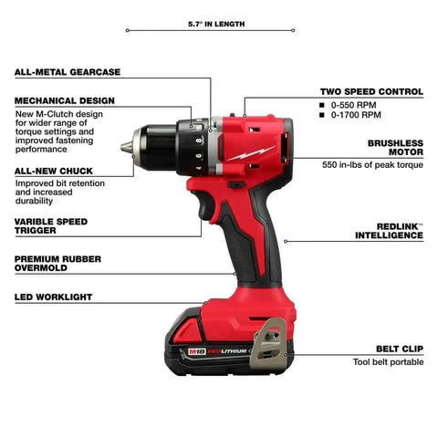 18V Cordless Compact Brushless Drill Driver Kit With Two Batteries Charger And Contractor Bag Heavy Duty Half Inch Chuck Tool For Tight Spaces Job Site Badass Power Control side view showing all-metal gearcase and variable speed trigger