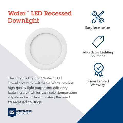 Canless 6 Inch LED Recessed Wafer Downlight With Ultra Thin Matte White Trim 90CRI Color Temperature Selectable features