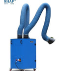 Heavy Hitting Industrial Welding Fume Extractor With H13 Filter, blue housing, dual extractors, caster wheels for mobility.