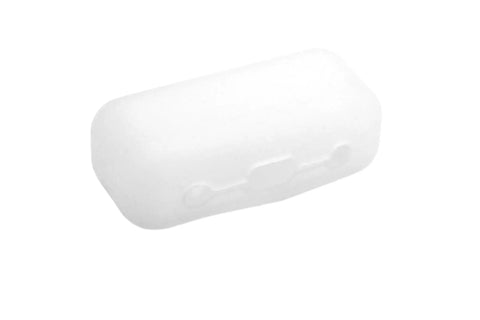 White silicone razor cover for on-the-go travel protection for razors, food grade safe, fits most razors, camping and travel friendly.