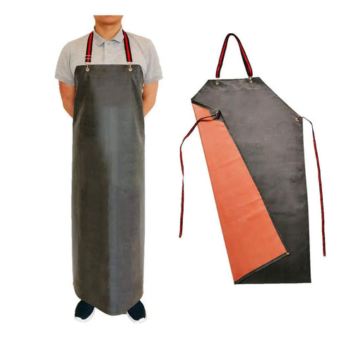 Person wearing Thick Rubber Apron Workhorse For Dishwashing, Cleaning, Fishing, Lab Work, And More, Waterproof, Chemical Resistant, Grey.