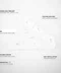 Diagram of Hidden Triangle Shelf Bracket for Floating Shelves, white cold rolled steel, dimensions 3.9x3.5x0.9 inches, easy installation.