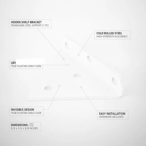 Diagram of Hidden Triangle Shelf Bracket for Floating Shelves, white cold rolled steel, dimensions 3.9x3.5x0.9 inches, easy installation.