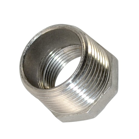 Angled view of Beefy One Inch Male To Three Quarter Inch Female NPT Reducer Bushing Pipe Fitting Stainless Steel 304 Adapter