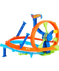 Launch And Loop Toy Car Track Set With Cranked Wheel Booster And Figure Eight Crash Zone, colorful track loop visible