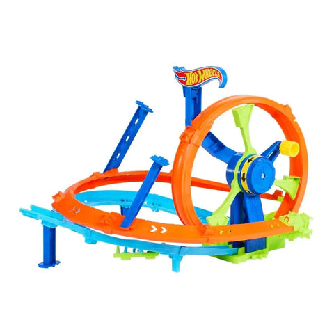 Launch And Loop Toy Car Track Set With Cranked Wheel Booster And Figure Eight Crash Zone, colorful track loop visible