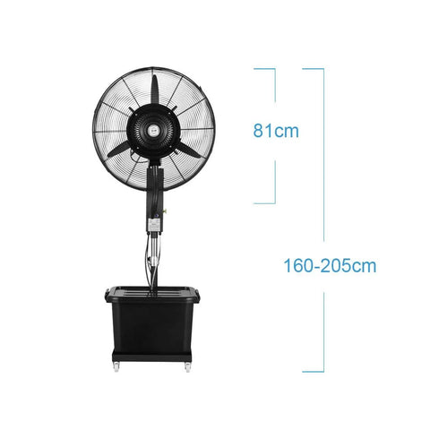 Heavy Duty Industrial Misting Floor Fan With Adjustable Pedestal Stand And Three Speed Settings For Garages Shops And Patios, height 160-205cm.
