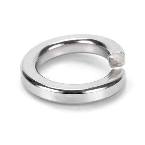 Close-up of stainless steel 1/4-inch split lock washer with visible split gap