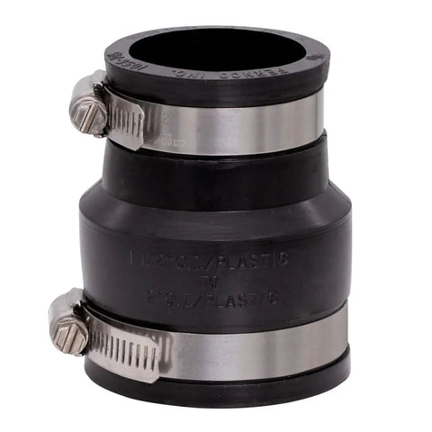 Flexible PVC Reducing Pipe Coupling 2 Inch To One And A Half Inch For Cast Iron And Plastic Plumbing Connections Two Pack With Easy Install And Leak Proof Fit And Fifty Year Service Life black reducer coupling with stainless steel clamps