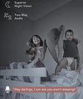 2K Indoor WiFi Baby And Pet Camera With 360 Degree Pan And Tilt AI Motion Tracking Crystal Clear Night Vision Two Way Audio Motion And Sound Alerts Alexa Compatible Easy Setup No Sweat Peace Of Mind showing kids on bed