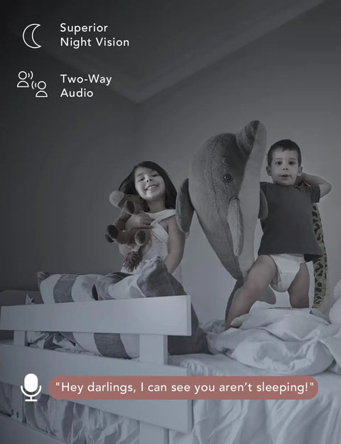 2K Indoor WiFi Baby And Pet Camera With 360 Degree Pan And Tilt AI Motion Tracking Crystal Clear Night Vision Two Way Audio Motion And Sound Alerts Alexa Compatible Easy Setup No Sweat Peace Of Mind showing kids on bed