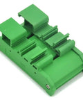 Side view of green DIN Rail Mounting Carrier Housing With Prototype PCB Board For DIY Electronics Projects Fits 35mm 32mm Or 15mm DIN Rails External 50x87x30mm PCB 47.4x72mm Ideal For Prototyping And Circuit Testing