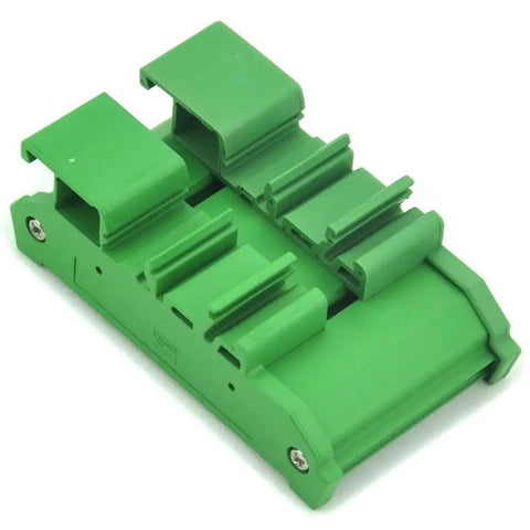 Side view of green DIN Rail Mounting Carrier Housing With Prototype PCB Board For DIY Electronics Projects Fits 35mm 32mm Or 15mm DIN Rails External 50x87x30mm PCB 47.4x72mm Ideal For Prototyping And Circuit Testing