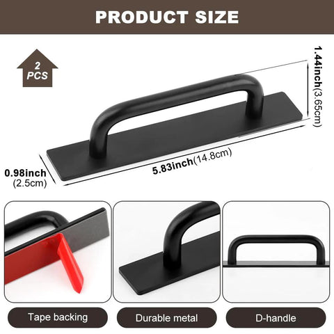 Adhesive Cabinet Handles 5.83 Inch 2 Pack Push Pull No Drill Installation for Kitchen Cabinets and Sliding Doors, matte black and silver finish, zinc alloy.