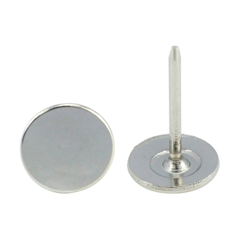 Heavy Duty Flat Head Upholstery Tacks For Furniture Repair And Craft Rooms Packs Two Hundred Silver Iron Thumb Pins, showing two tacks with flat heads.
