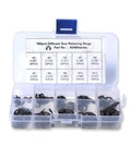 160 Piece E Clip Assortment Kit With External Retaining Rings In Ten Sizes From 2 To 12 MM Black Metal Snap Clips In Case For Handy DIY Repairs Maintenance And Assembly Projects. Open case with black retaining rings, labeled sizes M2 to M12.