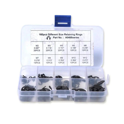 160 Piece E Clip Assortment Kit With External Retaining Rings In Ten Sizes From 2 To 12 MM Black Metal Snap Clips In Case For Handy DIY Repairs Maintenance And Assembly Projects. Open case with black retaining rings, labeled sizes M2 to M12.