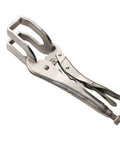 Heavy Duty 9 Inch U Shaped Welding Pliers Steel Clamp With Strong Bite Force Perfect For Mig Tig Welding Riveting And Grinding Adjustable Handle, silver tool close-up.