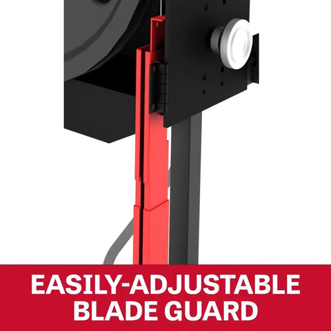 Close-up of 26-Inch EVS Vertical Bandsaw With 3 HP, 230/460V 3-Phase, showing adjustable blade guard and handwheel tension gauge.