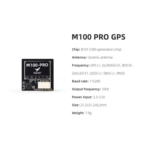 M100 Pro GPS QMC5883L Compass With 10th Generation Chip For FPV Fixed-Wing UAV showing size, weight, and connection ports.