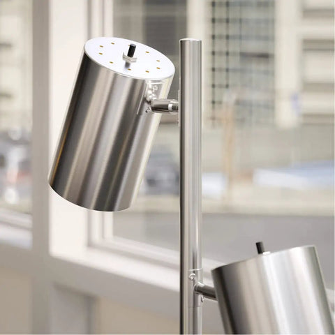 Close-up of brushed steel spotlight on Ultra Tall Industrial Tree Floor Lamp With Three Adjustable Spotlights, 64 Inches High.