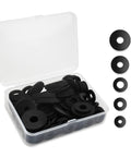 Open box of 100 Pcs Black Flat Rubber Washers Kit With 5 Sizes 16 18 20 25 30mm Heavy Duty Vibration Damping Gaskets next to washer sizes