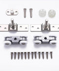 Slick Four Wheel Metal Sliding Track Pocket Door Roller Kit with ball bearing pulleys and screws, ideal for wardrobe and closet doors.