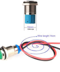 5Pcs 10mm LED Indicator Lights AC DC 12 To 24V Waterproof Rugged Metal Signal Lamp with Wire, close-up on green light with dimensions.