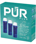 Front view of PUR Plus water filter 3-pack box with three blue cartridges for pitchers and dispensers