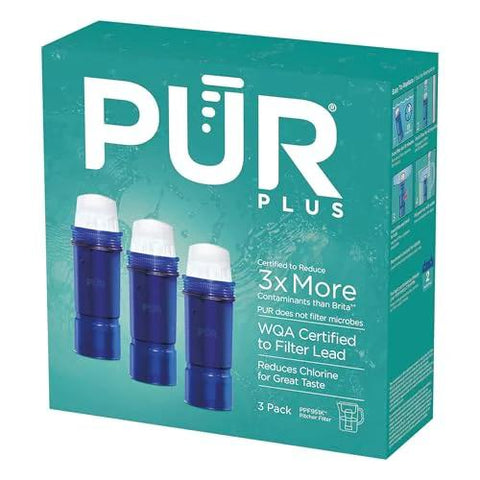 Front view of PUR Plus water filter 3-pack box with three blue cartridges for pitchers and dispensers