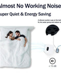 Couple sleeping peacefully with plug and play compact sump pump with water sensor for condensate removal shown, highlighting quiet operation.