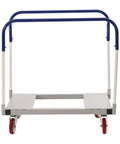 Battle Tested Steel Panel Cart 1500 Lbs Weight Capacity Pro Grade Drywall Dolly and Lumber Hauler Built Tough For Garage Workshop or Construction Site Moving Materials Smooth as Butterfly, front view with blue handles.